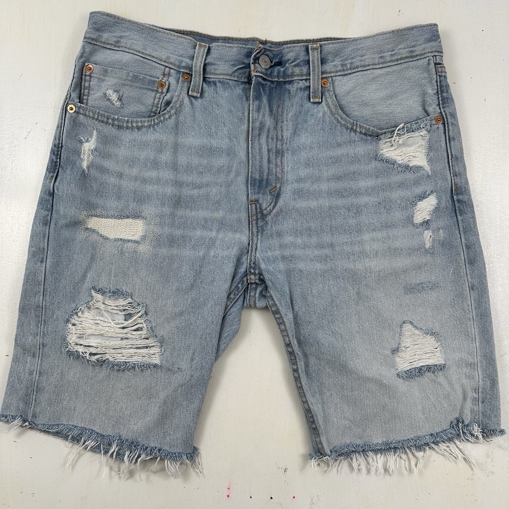 Levi's 412 Jeans Shorts Mens 34 X 10 Light‎ Blue Distressed Frayed Ripped Jorts